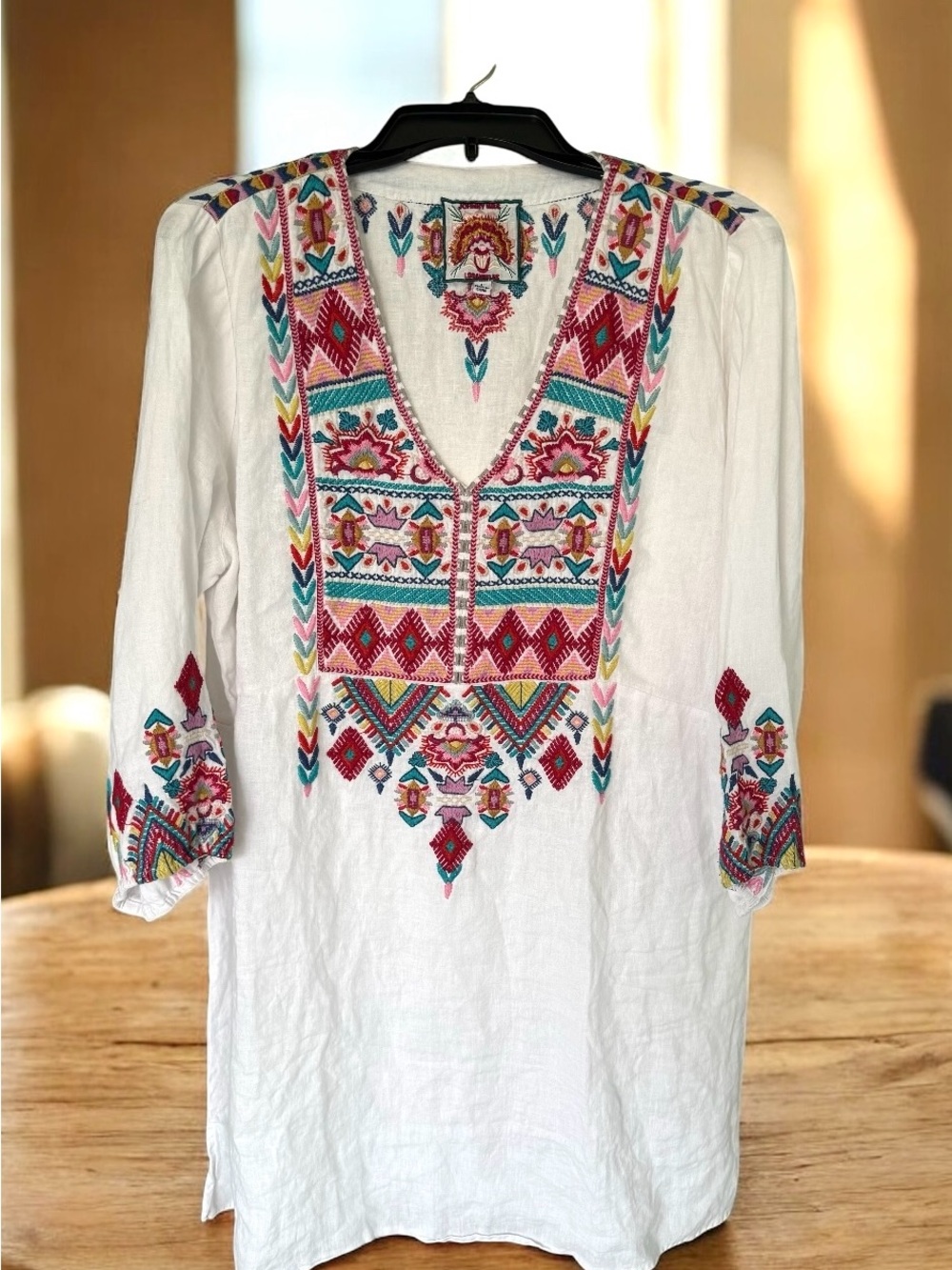 Johnny Was White Linen Embroidered  Floral Dress
